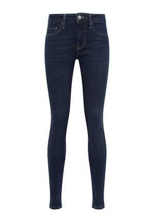 Dark blue skinny jeans made of denim, featuring a classic five-pocket design, front button closure, and subtle stitching details.