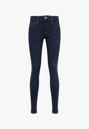 Dark blue skinny jeans made of denim, featuring a classic five-pocket design, front button closure, and subtle stitching details.