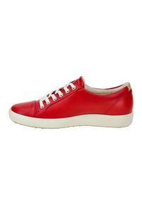Red leather sneaker with white laces, rounded toe, and a contrasting tan heel accent; features a smooth texture and rubber sole.