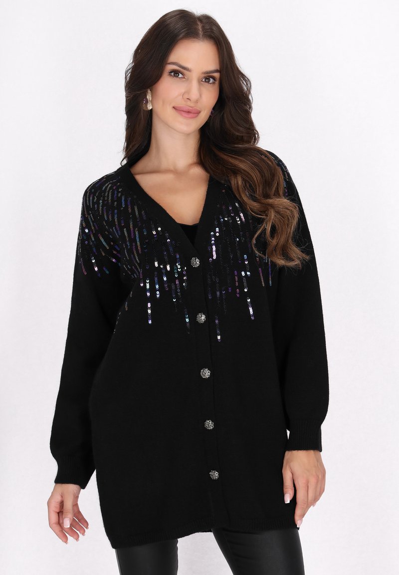 Zwarte cardigan met een V-hals, versierd met kleurrijke pailletten in een druppelpatroon, met knoopsluiting en geribde manchetten.