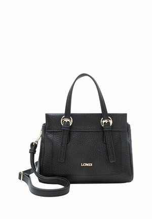 Schwarze Lederhandtasche mit genarbter Oberfläche, goldfarbenen Metallakzenten, zwei Griffen und einem abnehmbaren Schulterriemen. Verfügt über ein Logo-Detail.