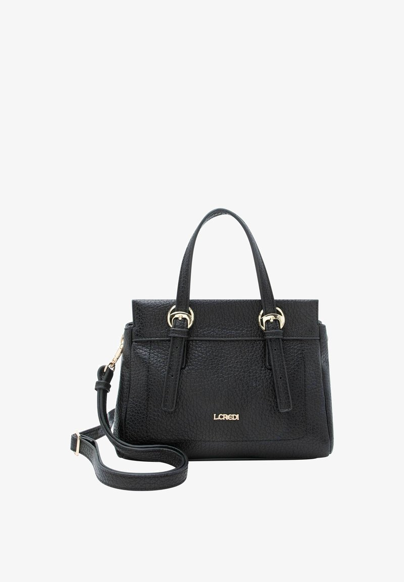 Black leather handbag with pebbled texture, gold hardware accents, two handles, and a detachable shoulder strap. Features a logo detail.