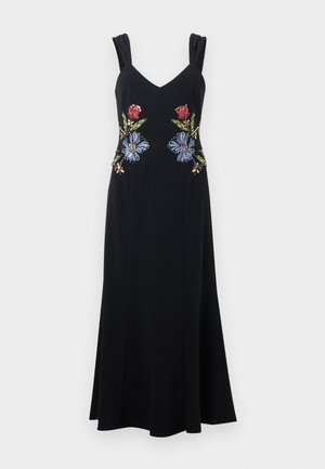 Rochie neagră fără mâneci cu decolteu în V, decorată cu broderie florală colorată în talie, material moale și fustă fluidă.