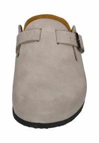 Light grey suede clog with two straps and a metal buckle. Soft interior lining, rounded toe, and black rubber outsole.
