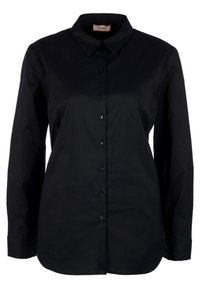 Schwarzes Langarmshirt aus glattem Stoff mit klassischem Kragen, Knopfverschluss vorne und Knopfdetails. Schlichtes, strukturiertes Design.
