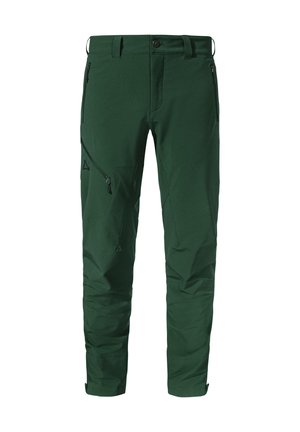 Grüne Outdoor-Hosen aus strapazierfähigem Material. Merkmale sind mehrere Reißverschlusstaschen, ein taillierter Schnitt und verstärkte Nähte.