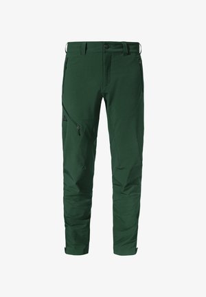 Grüne Outdoor-Hosen aus strapazierfähigem Material. Merkmale sind mehrere Reißverschlusstaschen, ein taillierter Schnitt und verstärkte Nähte.