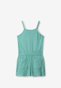 Turquoise badstof jumpsuit met verstelbare spaghetti bandjes, een getailleerde taille en twee voorzakken. Zachte textuur, casual ontwerp.