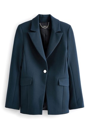 Mørkeblå skræddersyet blazer med en frontknap, to klaplommer og revers med notch, vist fladt på en hvid baggrund.
