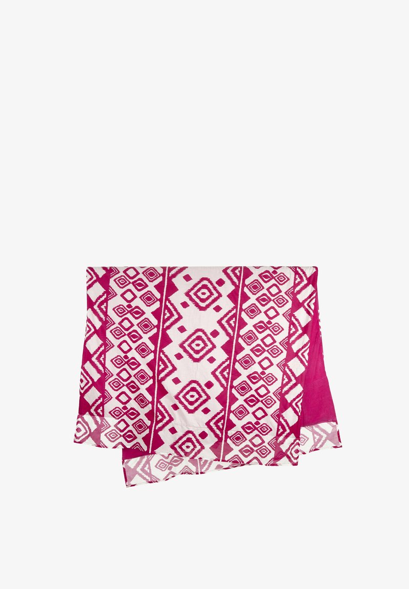 Pink patterned scarf featuring geometric designs, made of lightweight fabric, with a vibrant pink border and white base.