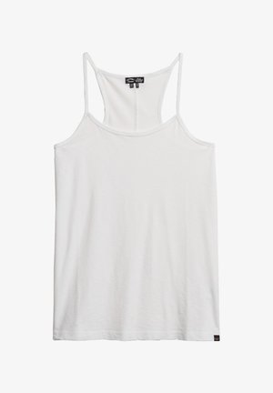 Hvid ærmeløs tanktop med tynde stropper, lavet af blød bomuld, med racerback-design og lige kant.