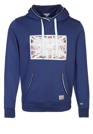 Sweat à capuche bleu marine avec cordons blancs, poche avant et un motif Union Jack délavé avec texte sur la poitrine.