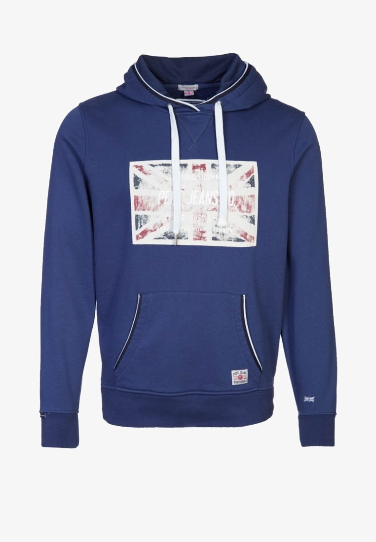 Sweat à capuche bleu marine avec cordons blancs, poche avant et un motif Union Jack délavé avec texte sur la poitrine.