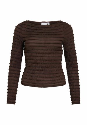 Haut pour femmes à manches longues en tricot côtelé marron foncé avec des rayures texturées horizontales et un col rond.