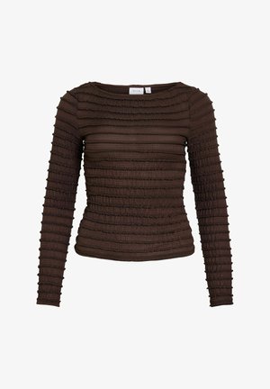 Haut pour femmes à manches longues en tricot côtelé marron foncé avec des rayures texturées horizontales et un col rond.