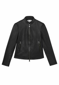 Veste en cuir noir avec col rond, fermeture éclair devant et deux poches zippées. Texture lisse, coupe ajustée et couleur unie.