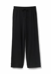 Pantalones de pierna ancha negros, confeccionados en una tela suave, con una cinturilla elástica ajustable, dos bolsillos laterales y puños entallados en el dobladillo.