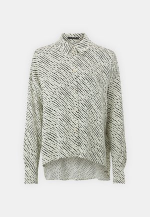 Lange mouw knoopshirt, lichtgewicht stof, wit met een abstract zwart patroon, gebogen zoom, klassieke kraag en knoopdetails.