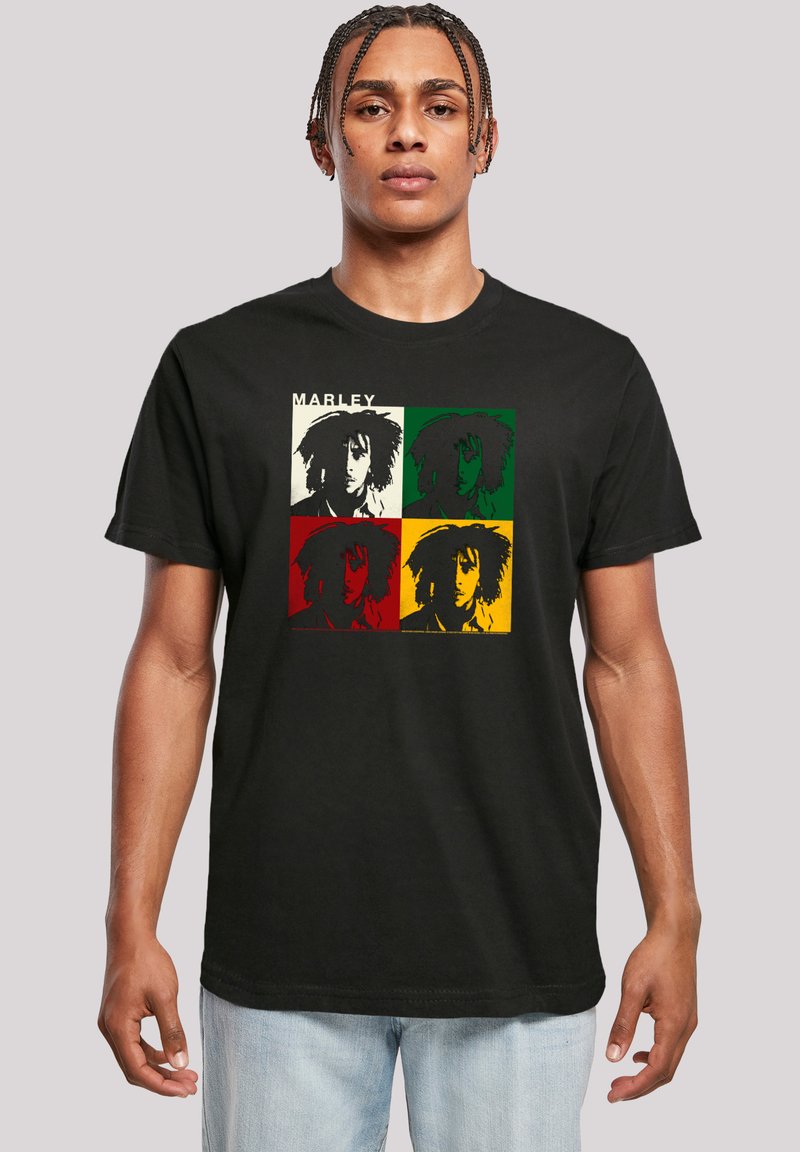 Black cotton t-shirt featuring a square graphic design with four color-blocked images, each depicting a stylized face, along with the text "MARLEY."
