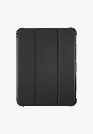 Schwarze, strukturierte Schutzhülle für Tablets mit klappbarem Deckel und verstärkten Ecken, entworfen für Langlebigkeit und Geräteschutz.