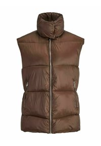 Gilet matelassé marron avec col montant, fermeture éclair avant et deux poches latérales zippées. Fabriqué à partir d'un tissu lisse et léger.