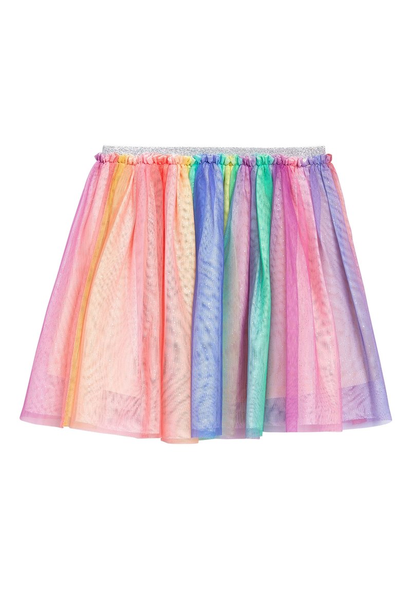 Jupe en tulle multicouche aux couleurs de l'arc-en-ciel avec une ceinture élastique argentée, présentant des panneaux verticaux pastel en rose, orange, jaune, bleu, vert et violet.