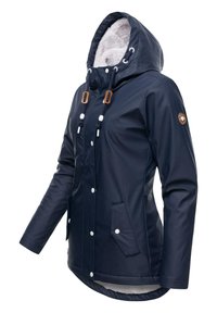 Navy waterproof jacket featuring a hood, white fur lining, snap buttons, and contrasting brown accents. Includes side pockets and drawstring.