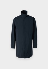 Marineblaue Windbreaker-Jacke mit hohem Kragen, Doppelknopfverschluss, langen Ärmeln und Seitentaschen. Hergestellt aus leichtem, wasserabweisendem Material.