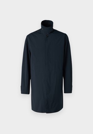 Navy windbreaker coat with high collar, double-button closure, long sleeves, and side pockets. Made from lightweight, water-resistant fabric.