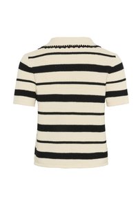 Gebreide polo in crème met horizontale zwarte strepen. Korte mouwen, gestructureerde stof en een gekartelde kraagdetail.
