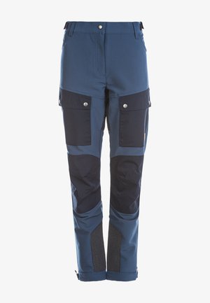 Navy cargo byxor med en blandning av slät och strukturerad tyg, med flera fickor, tryckknappar och förstärkta knä- och vristområden.