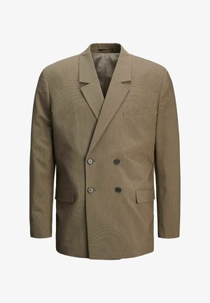 Divkāršais brūnais bleizeris ar teksturētu rūtiņu rakstu, ar izgrieztiem klātnēm un divām priekšējām kabatām; ar melniem pogām.