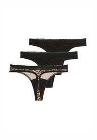 Set aus drei Tangas mit schwarzem Stoff und Spitzendetails sowie einem im Leopardenmuster mit transparenter Gestaltung.