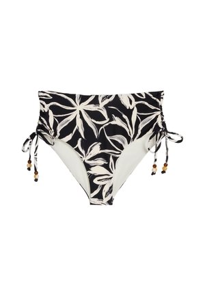 Slip bikini nero a vita alta con stampa floreale bianca, lacci arricciati ai lati e dettagli con perline di legno sui cordini.