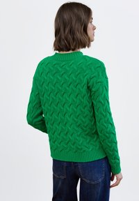 Groen gebreide trui met een gestructureerd kabelpatroon, geribde kraag en manchetten. De achterkant toont een losse pasvorm. Gecombineerd met donkere jeans.