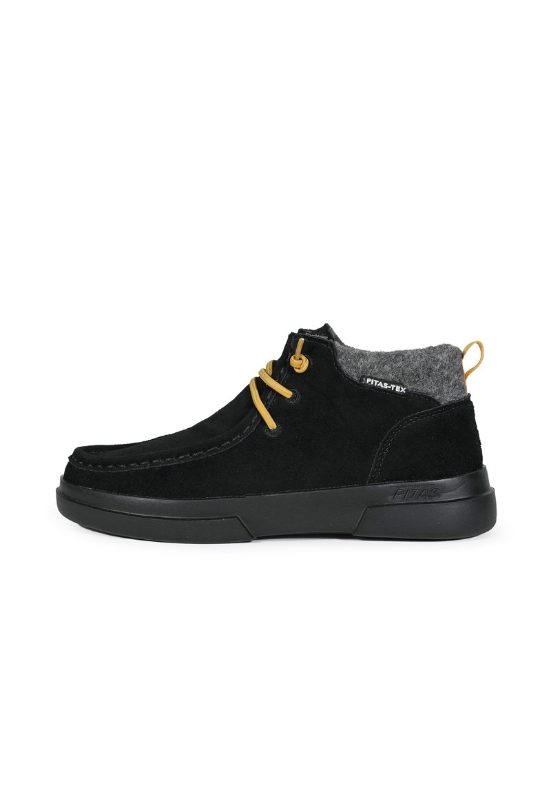 Black suede high-top shoes with gray felt lining, yellow laces, and black rubber sole. Features a stitched design and logo on the side.