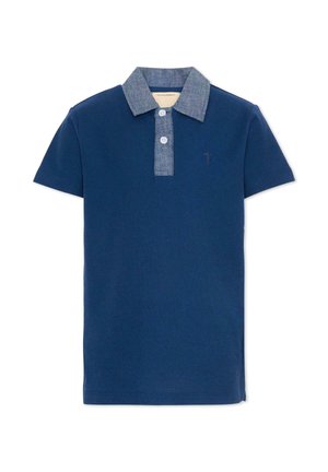 Polo bleu marine à manches courtes avec col boutonné bleu clair et petit logo brodé sur la poitrine.