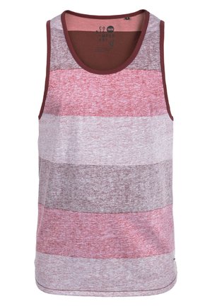 Camiseta sin mangas con rayas horizontales en burdeos, rojo claro y gris. Confeccionada en una tela suave, presenta un cuello redondo y un corte normal.