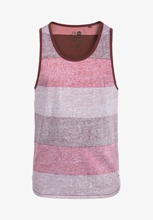 Débardeur sans manches avec des rayures horizontales bordeaux, rouge clair et gris. Fabriqué dans un tissu doux, il présente un col ras du cou et une coupe régulière.