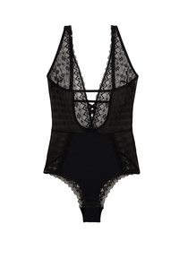 Bodysuit en dentelle noire avec un décolleté plongeant, un devant croisé, des bords festonnés et un motif transparent, comportant un bas ajusté et un détail de fermeture.