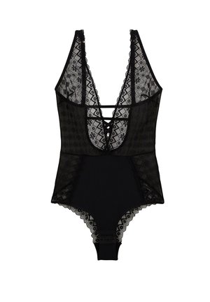 Bodysuit en dentelle noire avec un décolleté plongeant, un devant croisé, des bords festonnés et un motif transparent, comportant un bas ajusté et un détail de fermeture.
