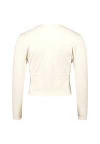 Weißer, kurz geschnittener Pullover mit langen Ärmeln, strukturierten Akzenten und rundem Ausschnitt. Aus weichem Stoff gefertigt, mit einer enganliegenden Passform.