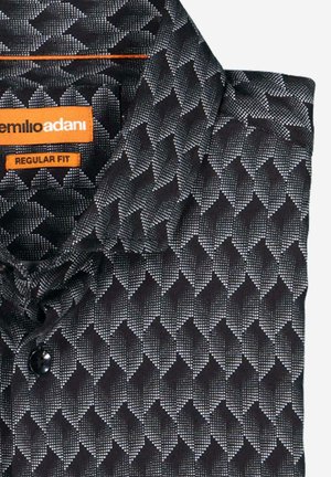 Black patterned shirt with a regular fit, featuring a diamond design in white, a button closure, and an orange brand label inside the collar.