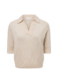 Pull-over en tricot beige à manches courtes avec un col en V et un col. Texture douce, coupe décontractée, avec des poignets et un ourlet côtelés.