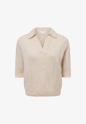 Beige kurzärmliger Strick-Polo-Pullover mit V-Ausschnitt und Kragen. Weiche Textur, lockere Passform, mit gerippten Bündchen und Saum.