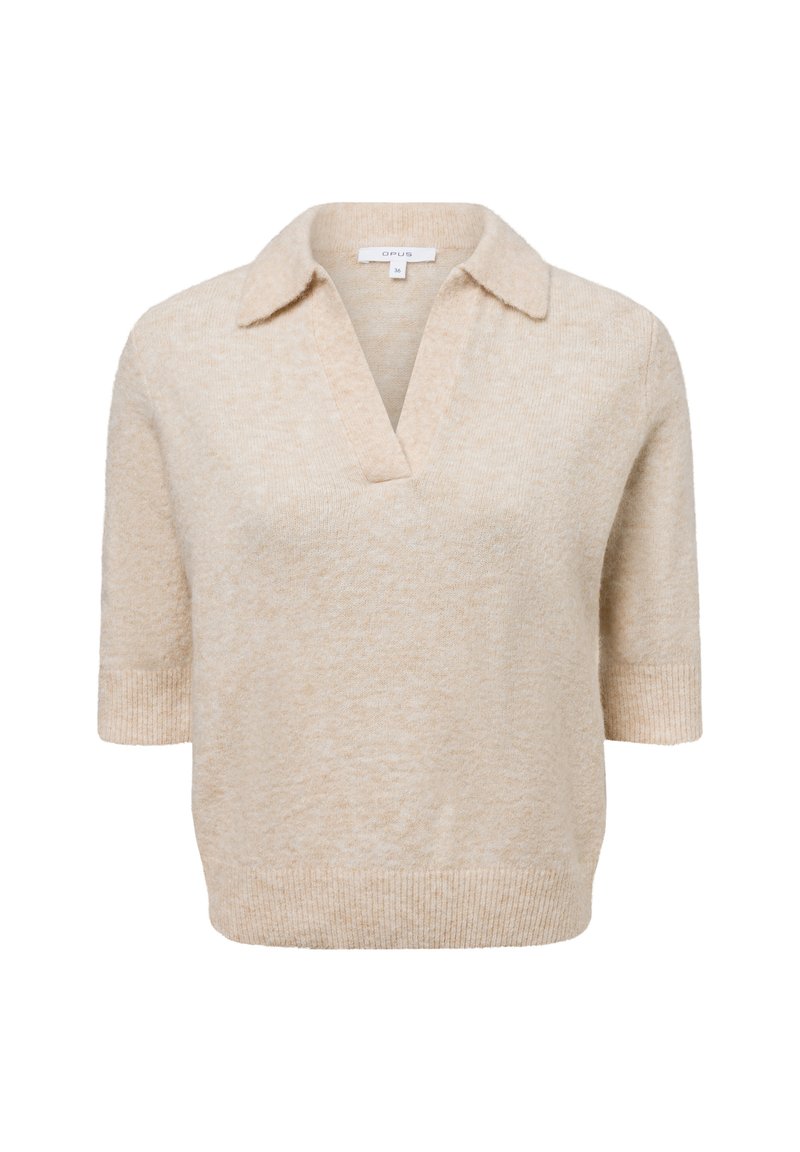 Beige polo trui met korte mouwen, v-hals en kraag. Zachte textuur, losse pasvorm, met ribgebreide manchetten en zoom.