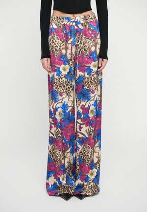 Luchtige wijde broekspijpen met een bloemen- en dierenprint in levendige kleuren van roze, blauw en beige, voorzien van een elastische tailleband.