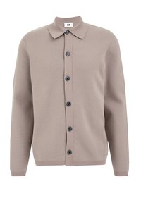Beige pletena jopica z ovratnikom, z gumbi spredaj in modrimi gumbi. Ima dolge rokave ter rebraste manšete in rob.