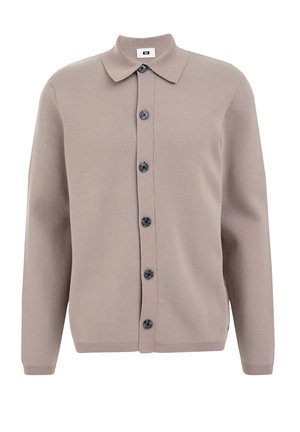 Beige gestrickte Strickjacke mit Kragen, Knopfleiste und blauen Knöpfen. Verfügt über lange Ärmel sowie gerippte Manschetten und Saum.