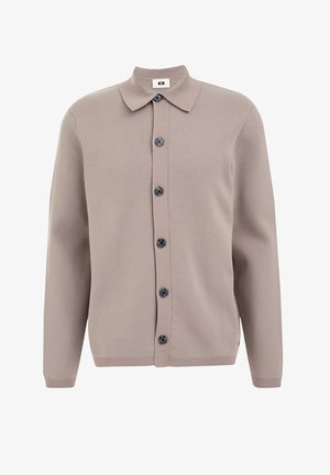 Beige gestrickte Strickjacke mit Kragen, Knopfleiste und blauen Knöpfen. Verfügt über lange Ärmel sowie gerippte Manschetten und Saum.